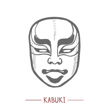 Kabuki Mask. Japanese Theatrical Symbol in Hand Drawn Style for Surface Design Fliers Prints Cards Banners. Vector Illustration