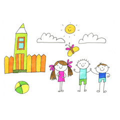 Small children play and study. Kids drawing style illustration. Kindergarten, school, nursery children. H