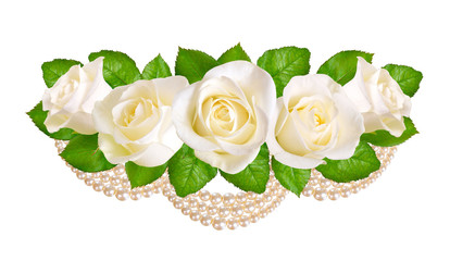 Composition with white roses and pearls. Isolated on white background