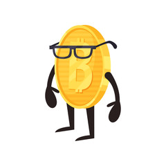 Cartoon bitcoin character in glasses. Shiny golden coin with arms and legs. Cryptocurrency or digital asset concept. Flat vector design for mobile app or sticker