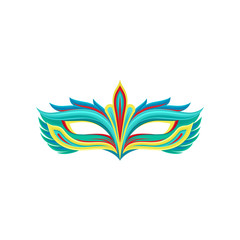 Multi colored festival mask in flat style. Attribute of masquerade costume. Decorative element for Mardi Gras party poster, invitation or greeting card. Cartoon vector icon
