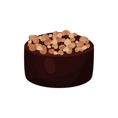 Icon of chocolate candy sprinkled with chopped nuts. Delicious confectionery product. Tasty dessert. Detailed vector element for promo flyer or poster of sweets shop