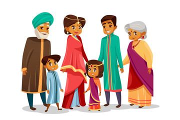 Vector cartoon Indian family characters set. Happy hindu senior man, woman, parents, father and mother, teen boy, girl children holding hands. People in national clothing sari, headdress turban