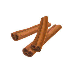 Illustration of three brown cinnamon sticks. Aromatic condiment for dishes. Culinary theme. Design for promo poster, cafe menu or product packaging. Detailed vector icon