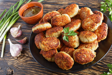 close-up of delicious fried hot meat cutlets