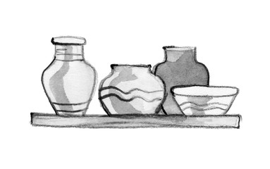 Fototapeta na wymiar Empty painted clay pots for water, oil, milk or wine of different size and shape in market for sale at. Monochrome freehand sketchy ink drawn picture in antiquity style