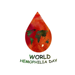 World hemophilia day poster. Watercolor texture. The drop of blood and the silhouette of the continents.