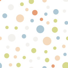 Colorful polka dots seamless pattern on white 11 background. Graceful classic colorful polka dots textile pattern. Seamless scattered confetti fall chaotic decor. Abstract vector illustration.