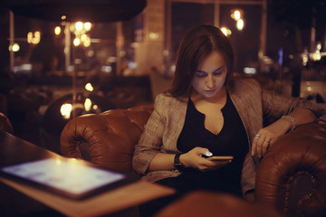 young adult woman, coffee telephone restaurant