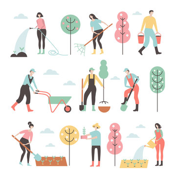 People working in garden design elements and icons in flat style.