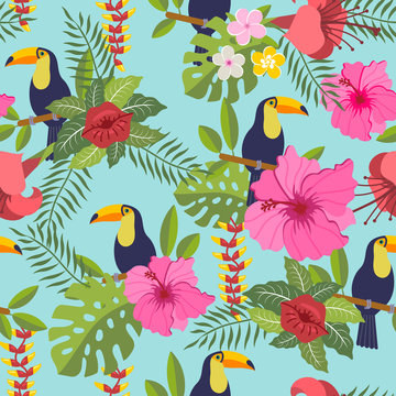 set of tropical flowers of leaves and birds