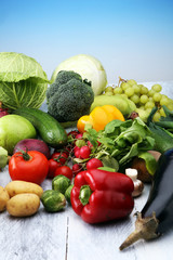 Composition with variety of raw organic vegetables and fruits. Balanced diet
