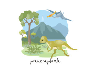 The image of a dinosaur against the background of a prehistoric landscape. Colorful vector illustration. © olga_a_belova
