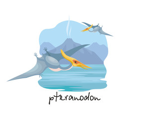 The image of a pterosaur against the background of a prehistoric landscape. Colorful vector illustration. © olga_a_belova