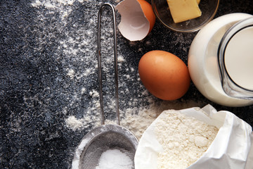 Baking ingredients for homemade pastry. Bake sweet cookies concept.