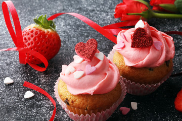 Delicious cupcake for Valentine Day. cake for Valentines day with chocolate and strawberries. Traditional homemade with red roses