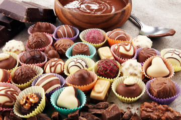 a lot of variety chocolate pralines, belgian confectionery gourmet chocolate