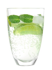 Glass of tasty lemonade on white background