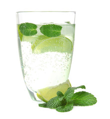 Glass of tasty lemonade on white background