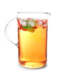 Jug of tasty strawberry lemonade on white background