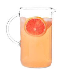 Jug of tasty grapefruit lemonade on white background