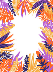 Fototapeta na wymiar Tropical leaves. Vector frame in scandinavian style. Hand drawn background. Poster in orange and violet colors with place for text.