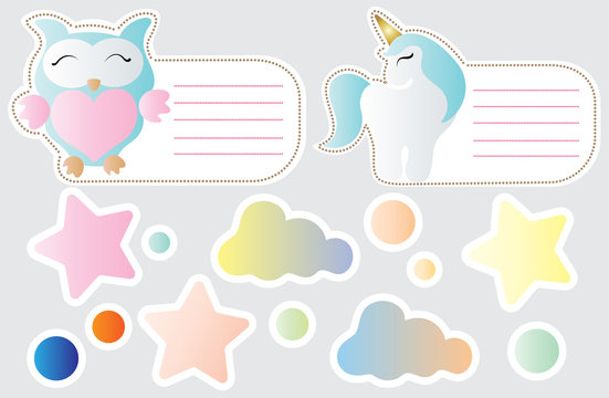 cartoon cute toy owl, unicorn, cloud and star