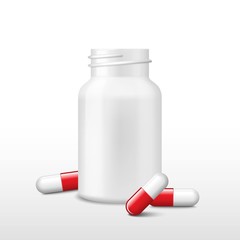Opened white medicine box or bottle and few red pills. Vector realistic tablets, capsules, drug of painkillers, antibiotics, vitamins. Health care medical.