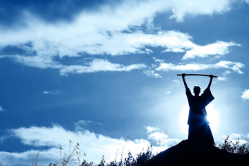Fighter with a sword silhouette a sky ninja © kichigin19