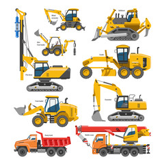 Excavator for construction vector digger or bulldozer excavating with shovel and excavation machinery industry illustration set of constructive vehicles and digging machine isolated on background