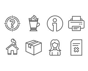 Set of Parcel, Latte coffee and Woman icons. Printer, Headhunter and Delete file signs. Shipping box, Hot drink with whipped cream, Girl profile. Vector