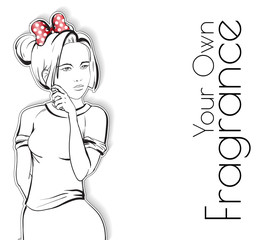 You own fragrance. Cute girl with a perfume bottle in her hand. Fashion illustration.