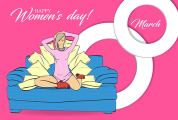 Happy Women's Day greeting card or background with happy fashion women on a pink background. Fashion model sketch.