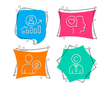 Set of Romantic talk, &ETH;&iexcl;areer ladder and User idea icons. &ETH;&iexcl;opyrighter sign. Love chat, Manager results, Light bulb. Writer person.  Flat geometric colored tags. Vivid banners. Trendy graphic design