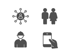 Set of Networking, Restroom and Engineer icons. Hold smartphone sign. Business communication, Wc toilet, Worker profile. Phone call.  Quality design elements. Classic style. Vector