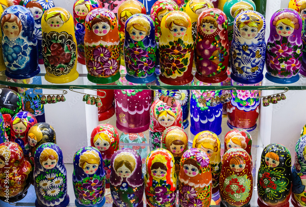 Wall mural wooden dolls in Prague, Nesting souvenirs