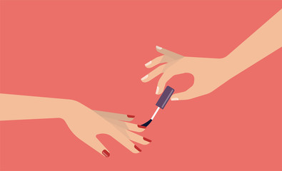 Elegant women's hands doing manicure and painting nails by red polish. Beauty salon and cosmetic concept. Flat vector illustration 