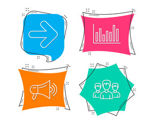 Set of Next, Bar diagram and Megaphone icons. Group sign. Forward, Statistics infochart, Advertisement. Group of people.  Flat geometric colored tags. Vivid banners. Trendy graphic design. Vector