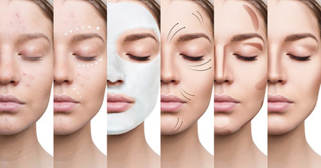 Beautiful woman step by step improves her skin condition.
