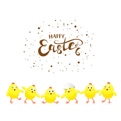 Six yellow chickens on white background and text Happy Easter