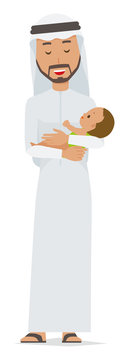 An arab man wearing ethnic costumes is hugging a baby