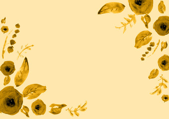 Painted watercolor composition with flowers and leaves. Frame of roses. Floral border. Can be used as invitation card for wedding, birthday, other holiday, summer background, poster, banner.