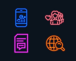 Neon lights. Set of Smartphone statistics, Woman love and Comments icons. Internet search sign. Mobile business, Romantic people, Document with speech bubble. Web finder.  Glowing graphic designs