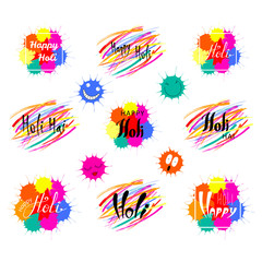 Set of hand written Holi quotes with colorful brush strokes and paint splashes. Isolated objects on white background. Vector illustration. Design concept for festival of colors, party, celebration.