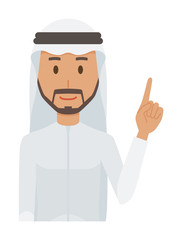An arab man wearing ethnic costumes is pointing