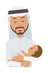 An arab man wearing ethnic costumes is hugging a baby