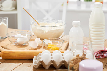 Close view of flour and ingredients for making dough at home