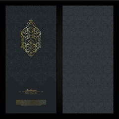 Arabesque abstract eastern element dark and gold background card template vector