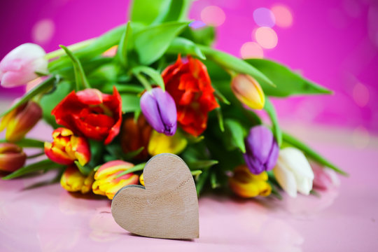 colorful tulips with wooden heart, women's day, mother's day, valentine