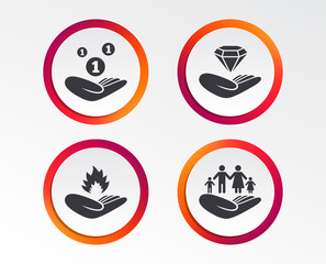 Helping hands icons. Financial money savings, family life insurance symbols. Diamond brilliant sign. Fire protection. Infographic design buttons. Circle templates. Vector